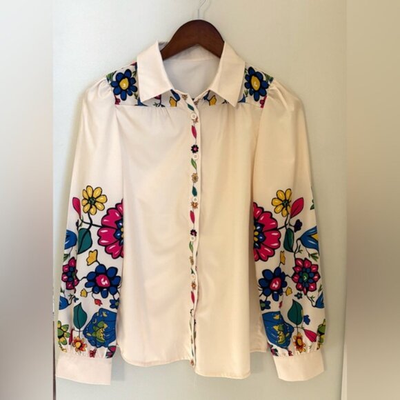 Colorful Cream /Ivory Floral Button Down Shirt Size: S - Picture 2 of 6